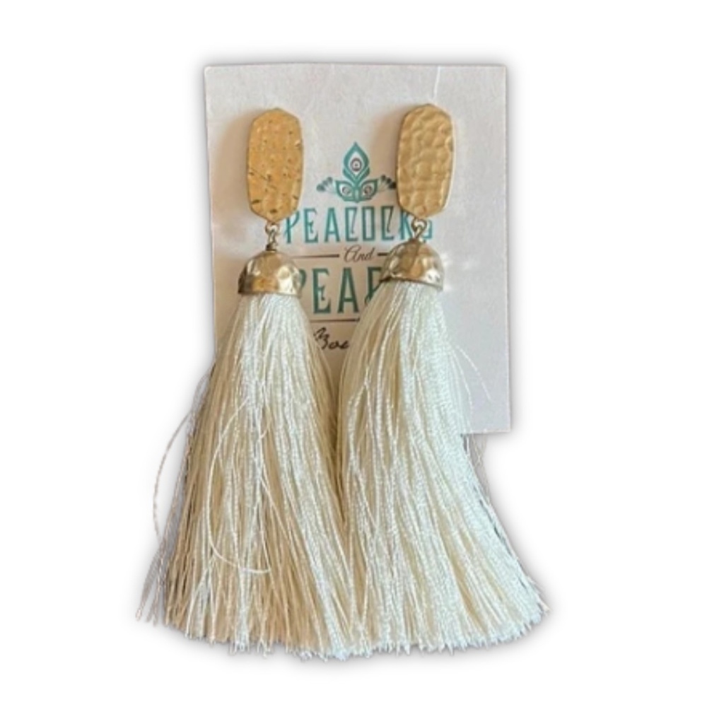 Peacocks and Pearls Tassel Earrings Gold and White